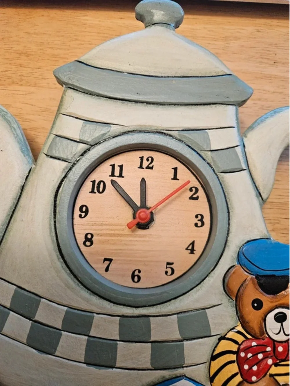 Vintage Teddy Bear Teapot Wall Clock Decor Hand Painted 10x11 Quartz Wood